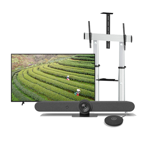 로지텍 Rally Bar Mini + 삼성 65” TV + 로지텍 Rally 확장마이크 + TTL-610 워크스페이스 카트 + TV 마운트 옵션